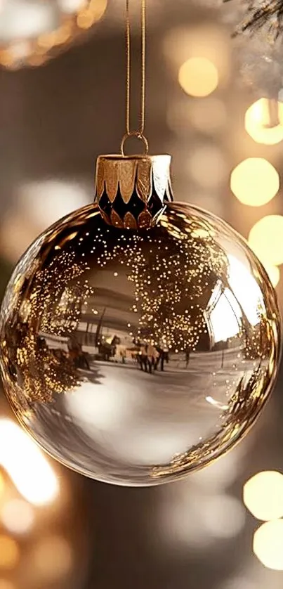 Elegant gold ornament with bokeh lights.