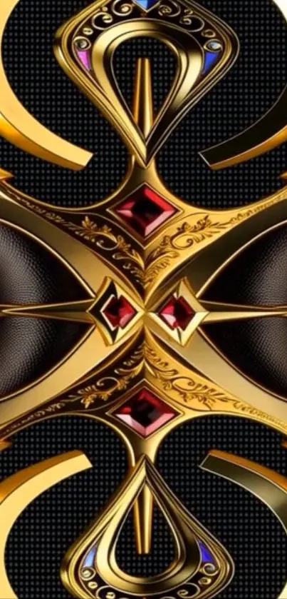 Intricate gold and red ornamental design wallpaper.