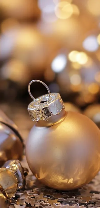 Gold Christmas ornament with blurred festive lights.