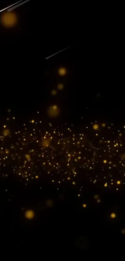 Gold particles shimmer on a sleek black background, creating an elegant mobile wallpaper.