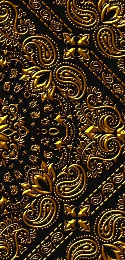 Intricate gold and black pattern wallpaper design.