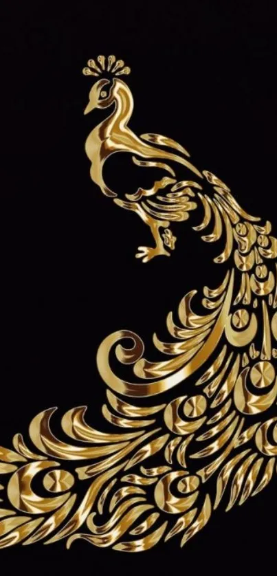 Luxurious gold peacock design on a black background for mobile wallpaper.