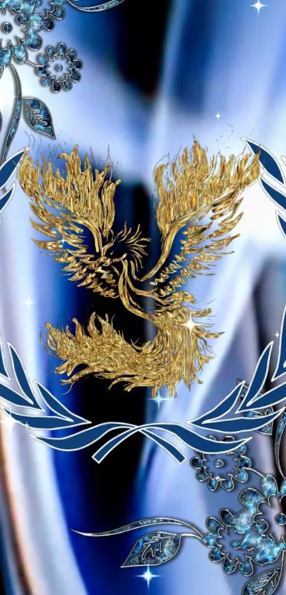 Golden phoenix with floral patterns set against a blue background.