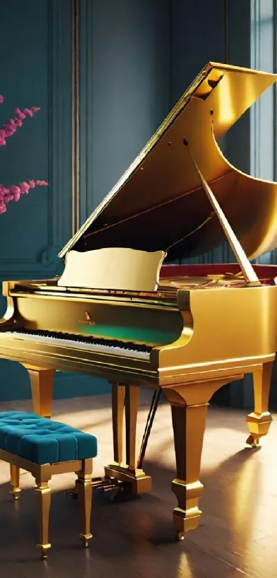 Luxurious room with a golden grand piano and bench.