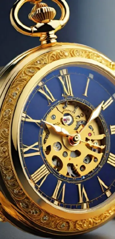 A luxurious vintage gold pocket watch with intricate details and a blue face.