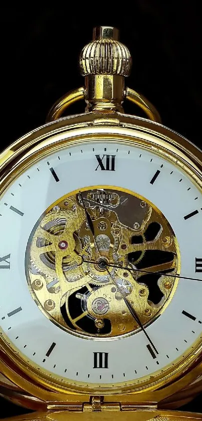 Gold pocket watch with Roman numerals and gears on a black background.