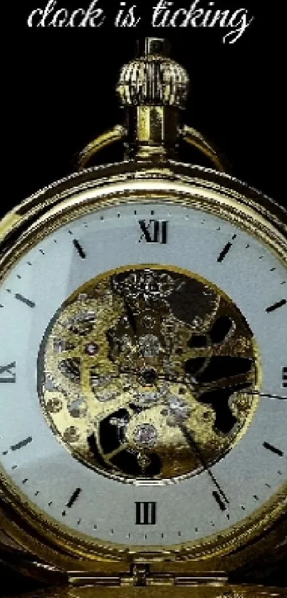 Gold pocket watch art with 'clock is ticking' message on black background.