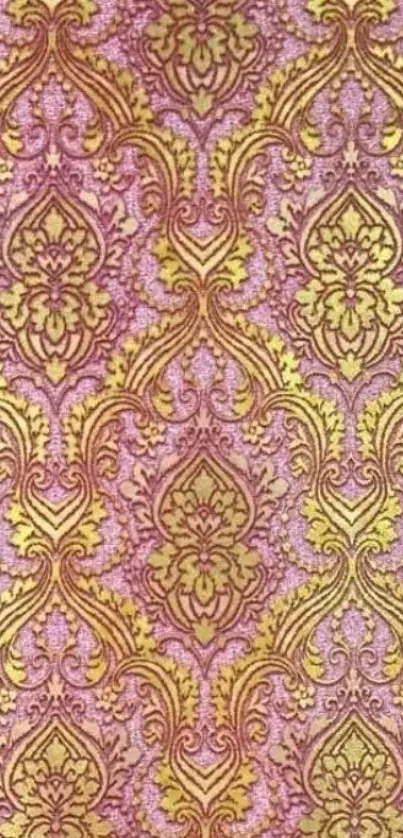 Elegant gold and purple damask wallpaper with intricate design.