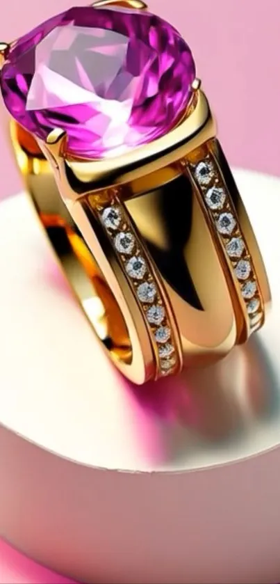 Gold ring with pink gemstone on a stylish stand
