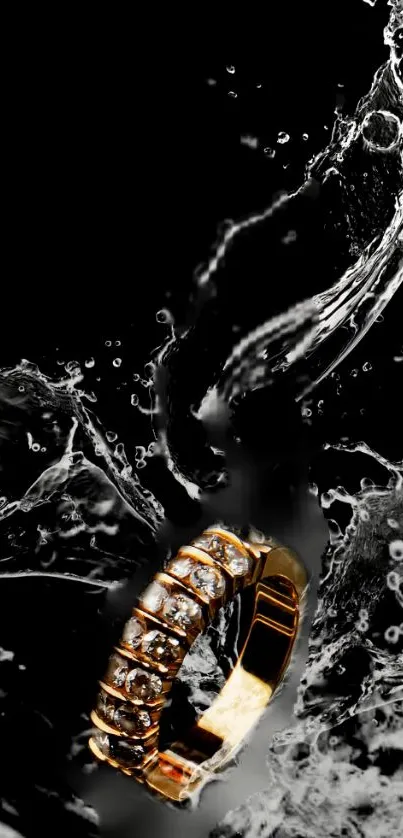 Golden ring with water splash on black background.