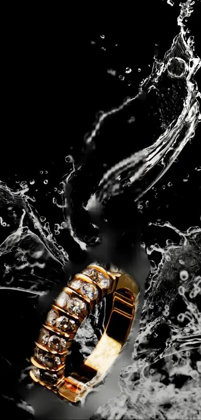 Elegant gold ring with water splash on black background.