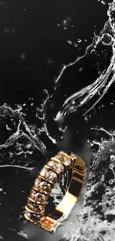 Gold ring with water splash on black background wallpaper.