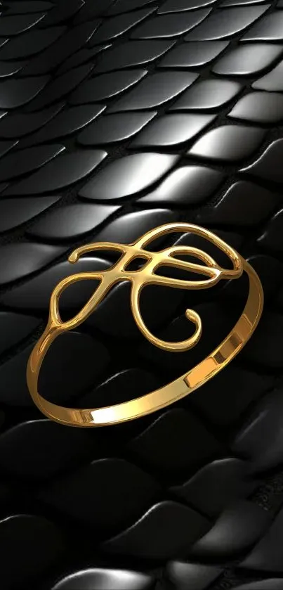 Luxurious gold ring on sleek black texture background.