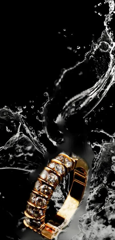 A gold ring with diamonds amidst a dynamic water splash on a black background.