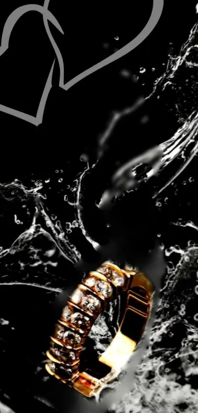 Elegant gold ring with water splash on black background.