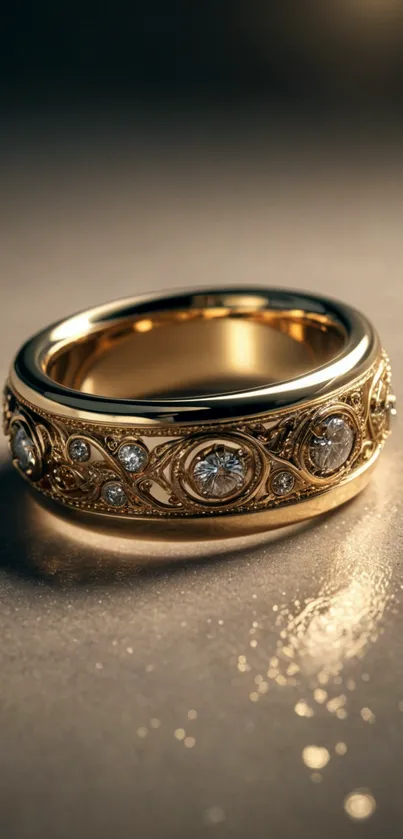 Ornate gold ring with diamonds close-up.