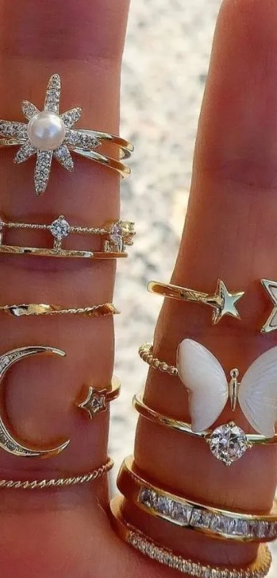 Elegant gold rings featuring stars, butterflies, and a crescent moon.