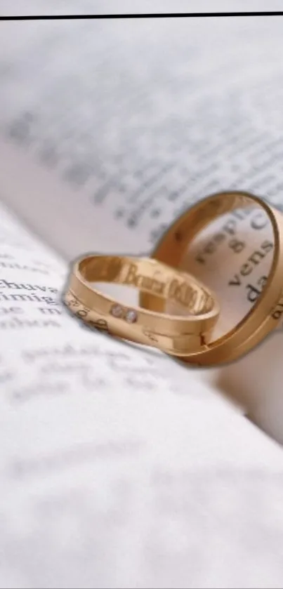 Gold rings on an open book with a romantic shadow.