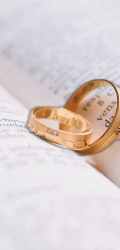 Gold rings form a heart shadow on an open book page.