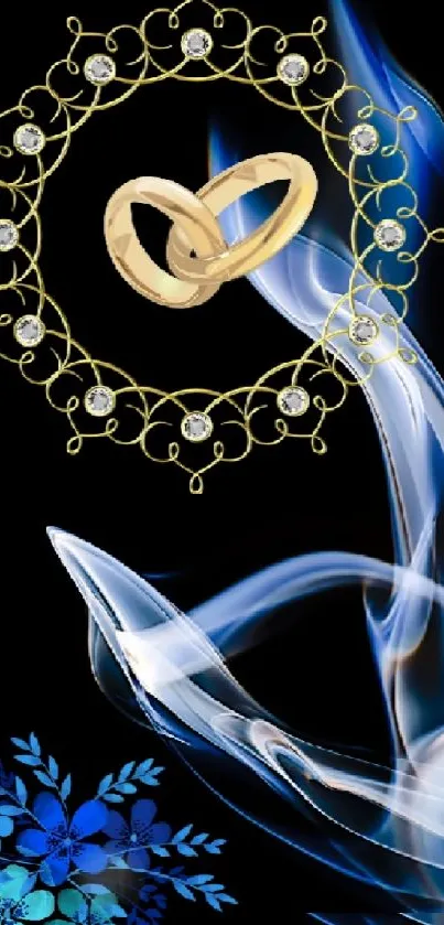 Mobile wallpaper with gold rings, blue floral, and smoke on black background.