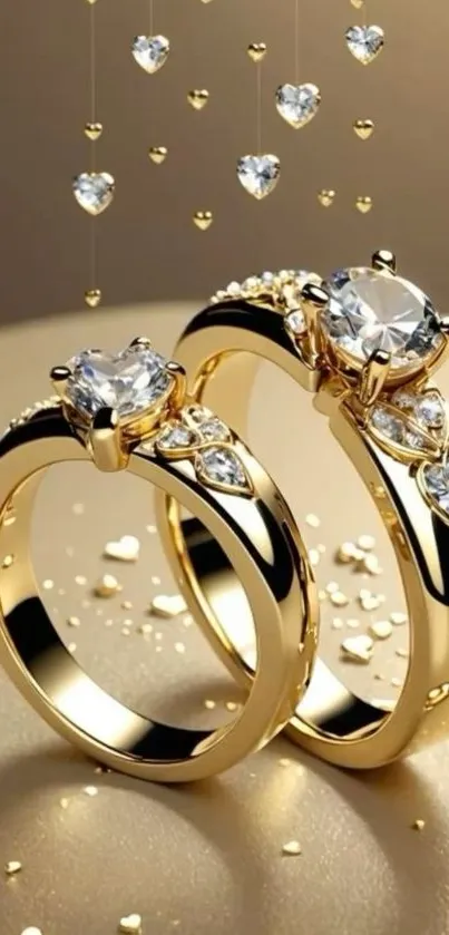 Gold rings with diamonds on a golden background.