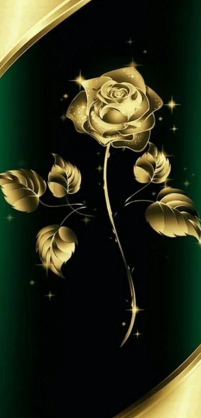 Luxurious gold rose on a dark green background with elegant accents.