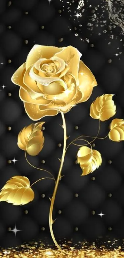 Golden rose on black background with elegant design elements.