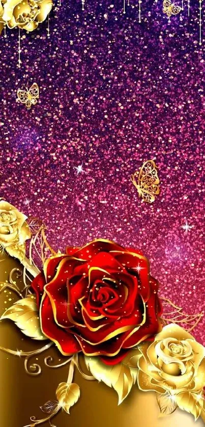 Elegant gold and red rose wallpaper with sparkling background.