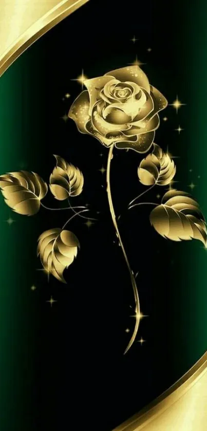 Luxurious gold rose on dark green background wallpaper design.