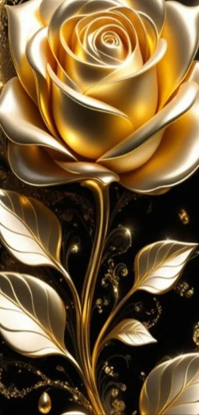 Elegant gold rose with intricate design on a black background.