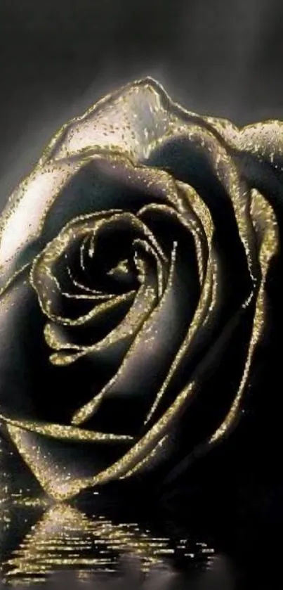 Elegant black rose with gold accents on a dark background.