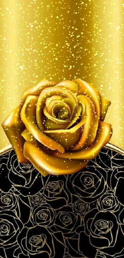 Gold-themed wallpaper with a central rose design.