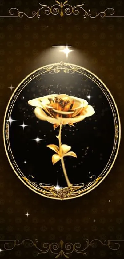 Gold rose with ornate frame on dark background wallpaper.