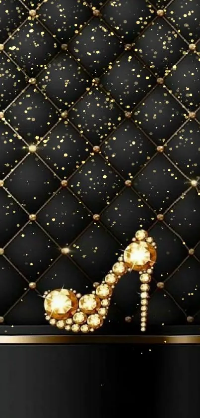 Black wallpaper with gold high-heeled shoe design and diamond accents.