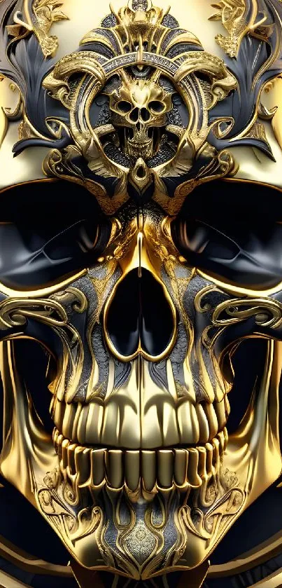 Intricate gold skull art on dark background mobile wallpaper.