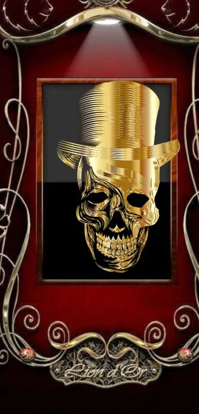 Gold skull with top hat on ornate dark red background.