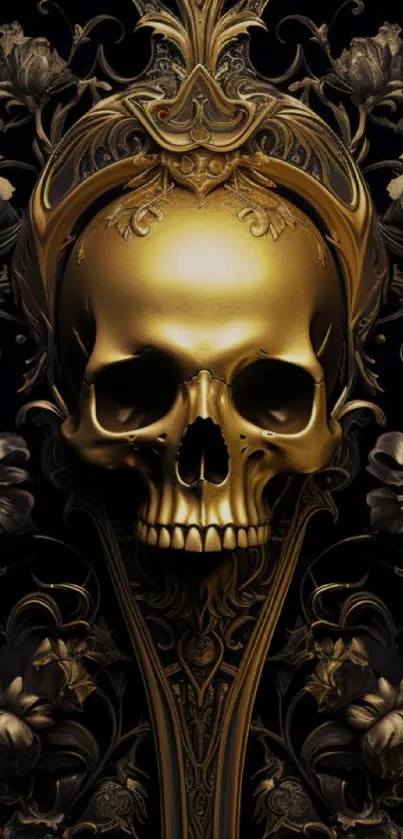 Golden skull with intricate floral patterns on a dark background.