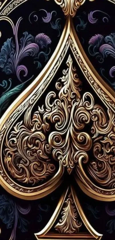Intricate gold spade with ornate details on a dark background.