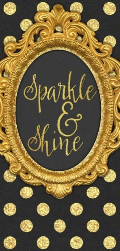 Mobile wallpaper with gold frame and glittering polka dots.