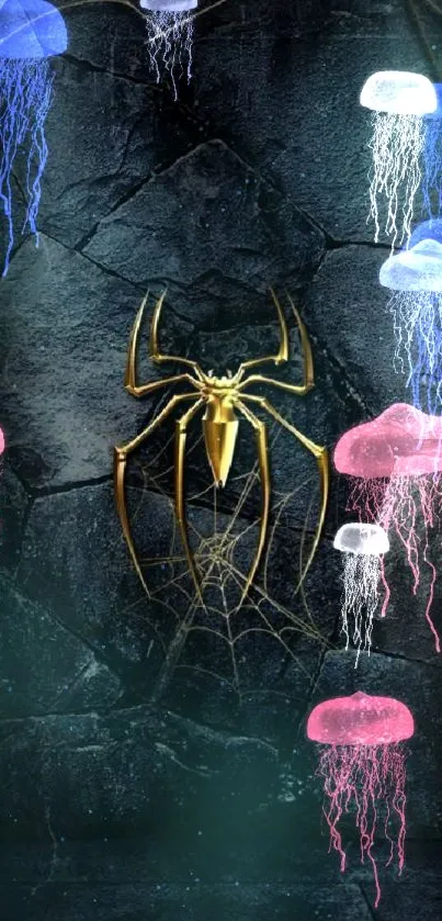 Elegant gold spider on dark web wallpaper.