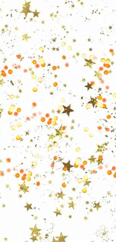 Elegant white mobile wallpaper with gold stars and orange sparkles.