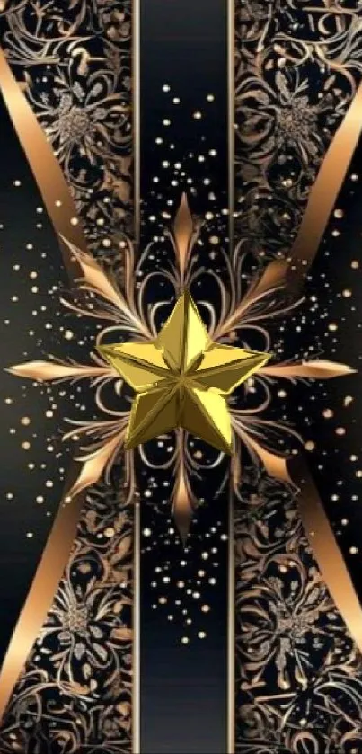 Elegant gold star on black patterned background.