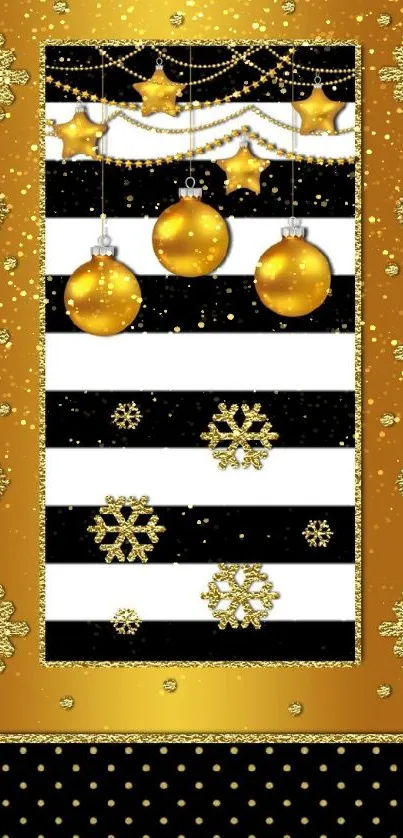 Elegant gold and black striped wallpaper with ornaments and snowflakes.