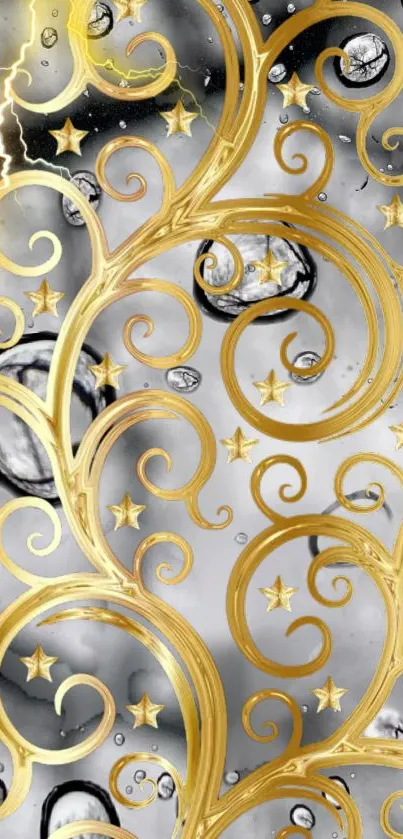 Elegant gold swirls with stars and bubbles.