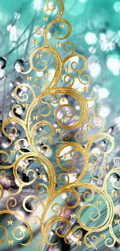 Elegant gold swirls on turquoise background wallpaper.