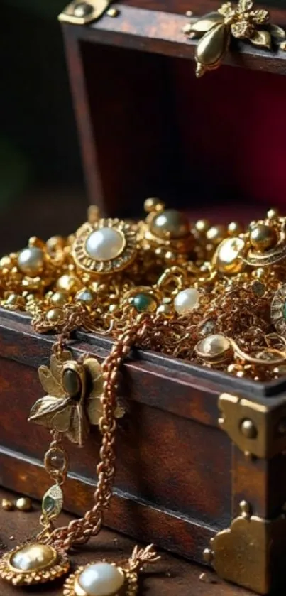 A treasure chest filled with gold jewelry and ornaments.