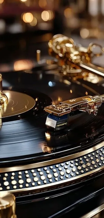 Close-up of a gold-accented turntable with a black vinyl record.