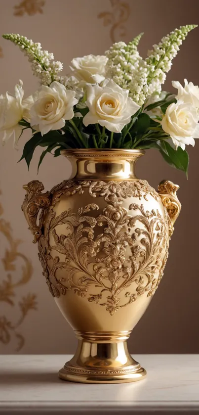 Elegant gold vase with white flowers design.