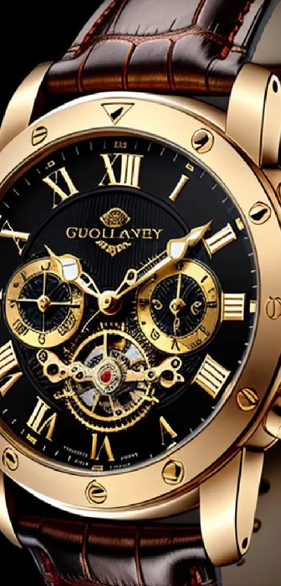 Luxurious gold watch on black face, elegant design with rich detailing.