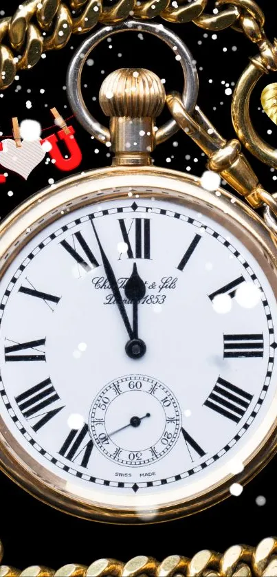 Gold pocket watch with chain on transparent background.